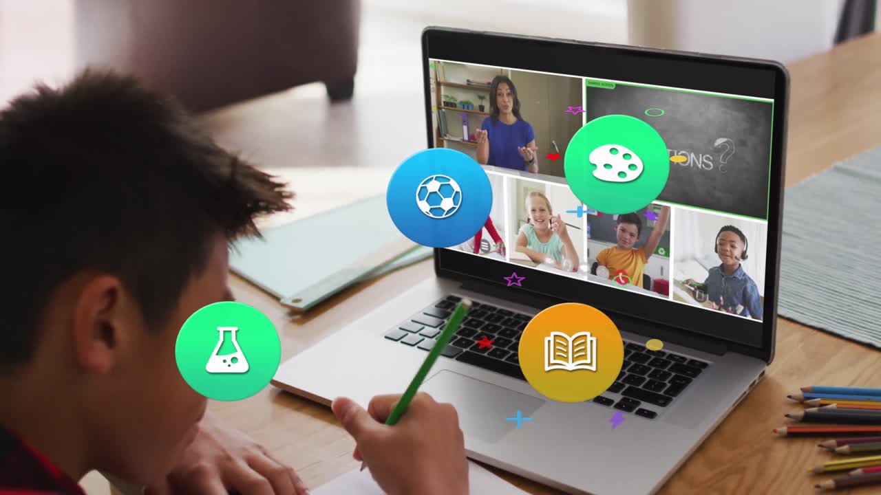 Animation of colorful icons over asian schoolboy using laptop for online lesson