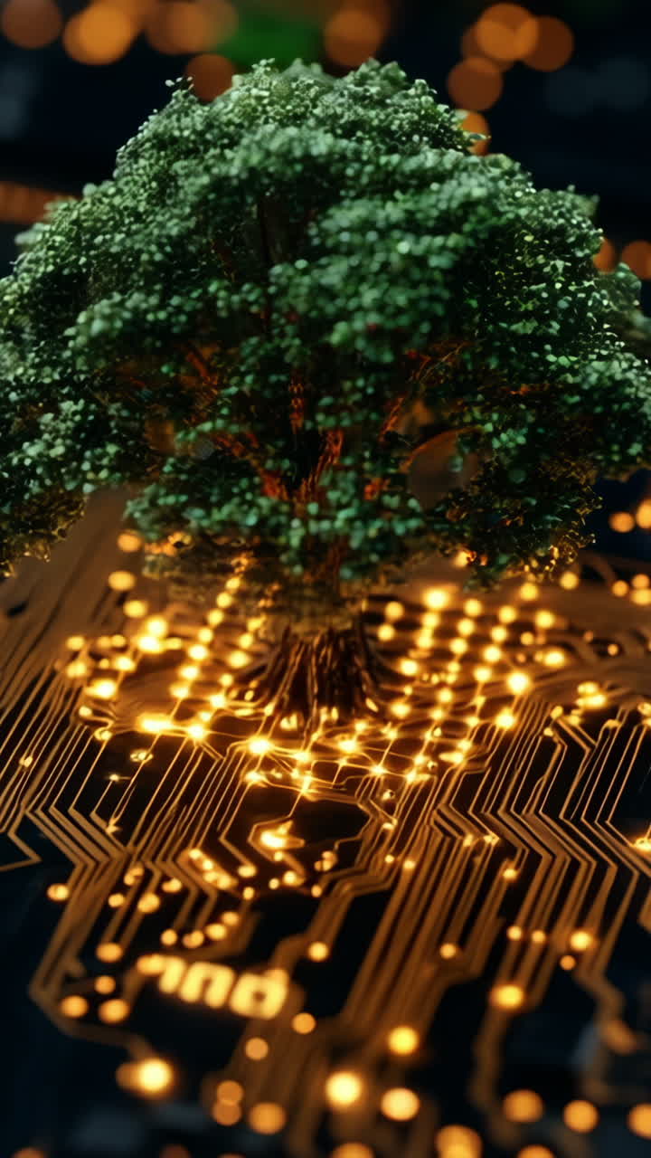 Tree on circuit board. A green tree stands prominently on a dark circuit board, highlighting the harmony between nature and technology.