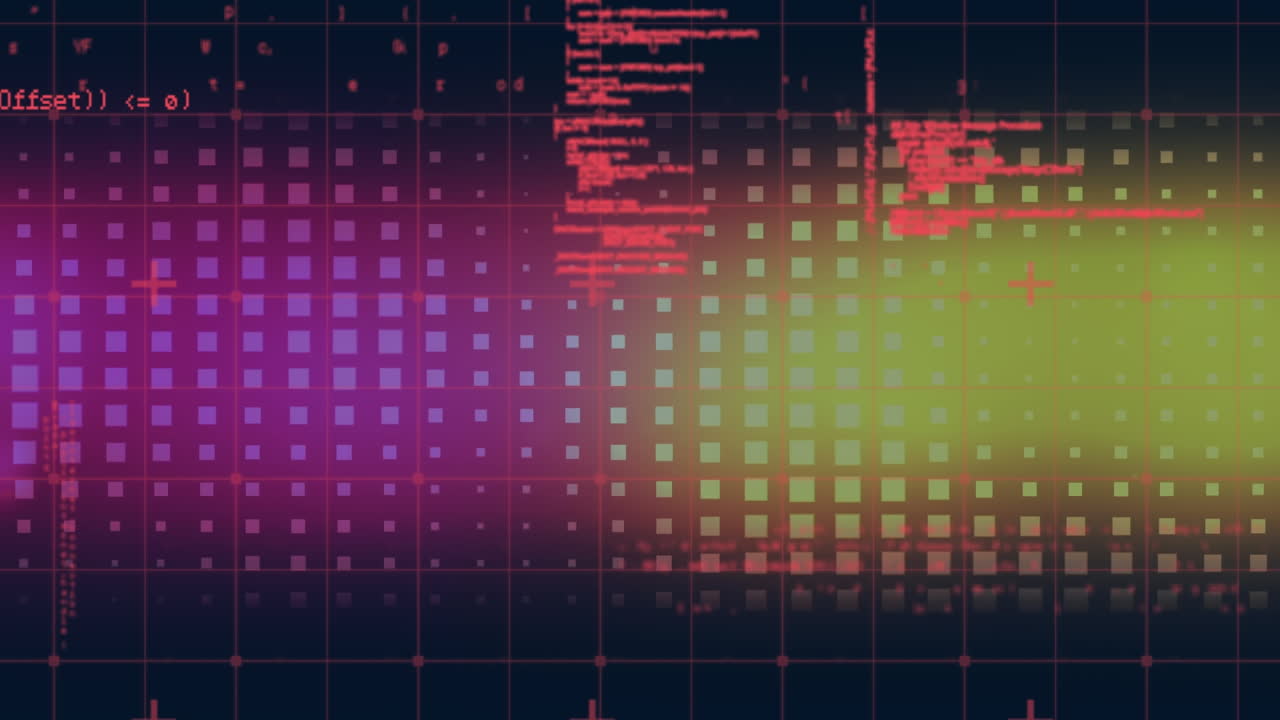 Animation der Datenverarbeitung über leuchtenden Quadraten im Hintergrund