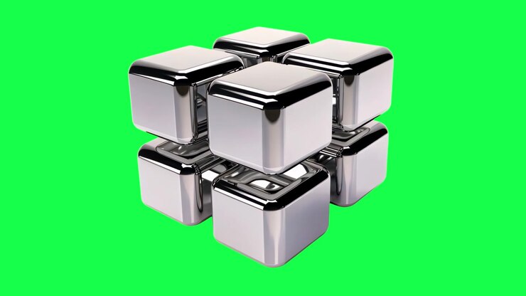 Shiny metallic cubes arrangement animation, transparent 4K video, green screen