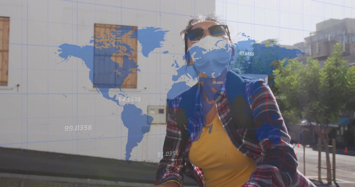 Animazione di elaborazione dati e mappa del mondo su un soldato afroamericano.