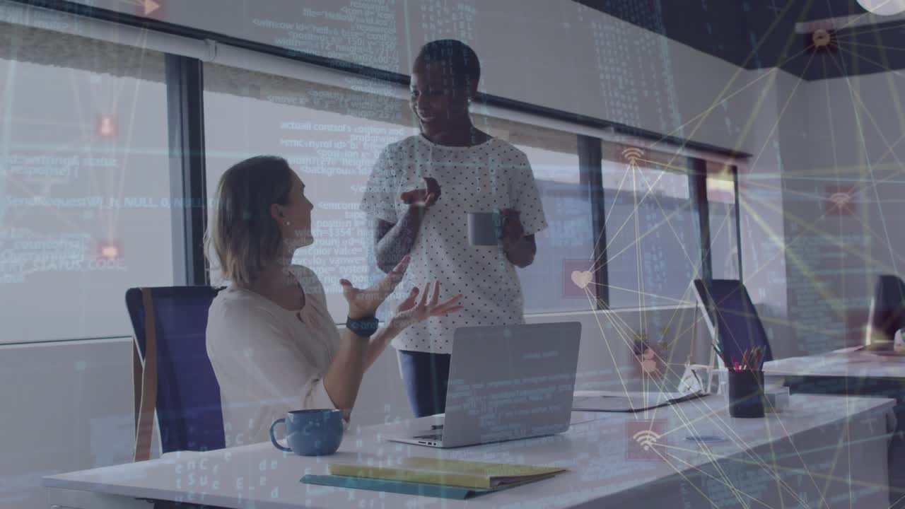 Animation of data processing over diverse business people in office