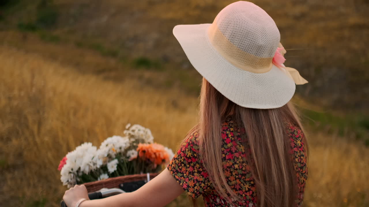 luz de la lente: mujer feliz sonriente en vestido corto está montando una bicicleta con una canasta y flores en el parque con árboles verdes alrededor durante el amanecer. disparo en cámara lenta
