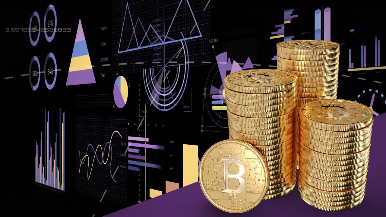 animación del procesamiento de datos financieros sobre pilas de bitcoins de oro