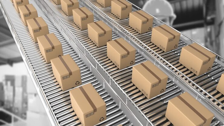 Animation of boxes on conveyor belt in warehouse
