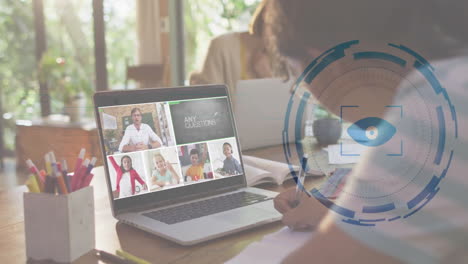 Virtual meeting on laptop screen with digital eye animation overlay