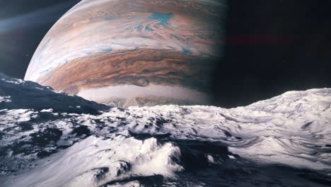 pasando sobre la superficie de una luna que orbita alrededor del gigante gaseoso de júpiter