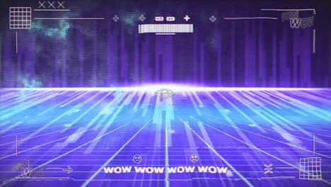 Animation-of-wow-text-in-white-and-interface-processing-data,-over-moving-blue-and-purple-lights