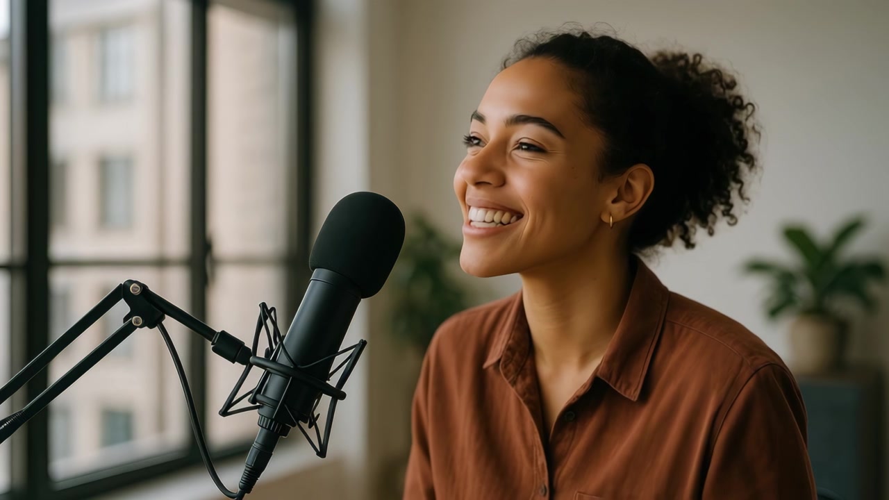 Giovane donna che parla al microfono per la registrazione di un podcast.