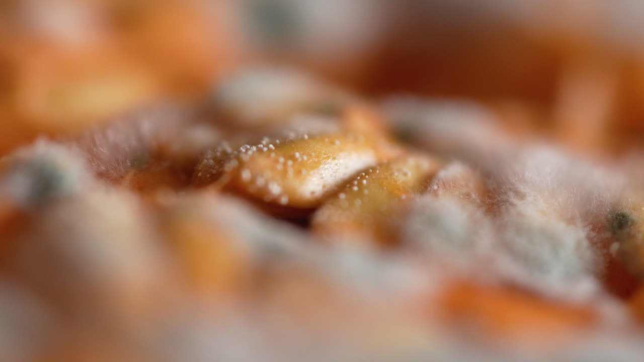 Close-up of mold growing on melon seeds, showing fungus spores and decay in extreme macro view