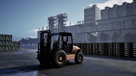 forklift in front of a dilapidated warehouse