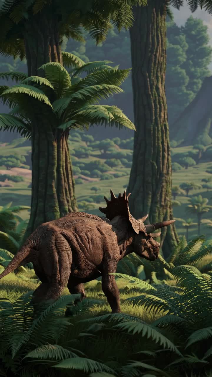 A cinematic video still of a prehistoric forest with a low-angle view, showcasing a dinosaur among
