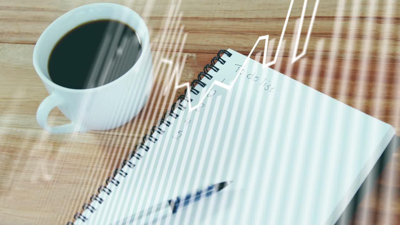 Scan lines appearing over desk overlaying line chart rising above notebook, mug visualizing trends