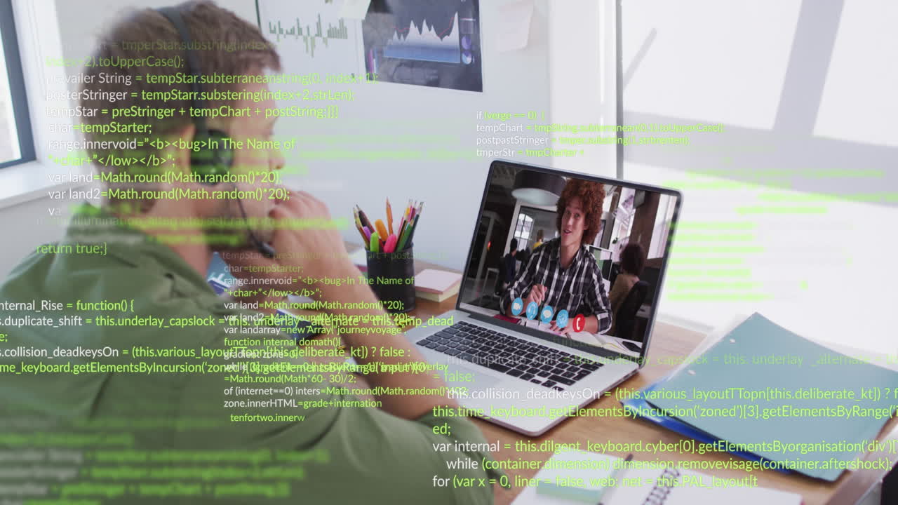 Animation of data processing over rear view of caucasian man having a videocall on laptop at office