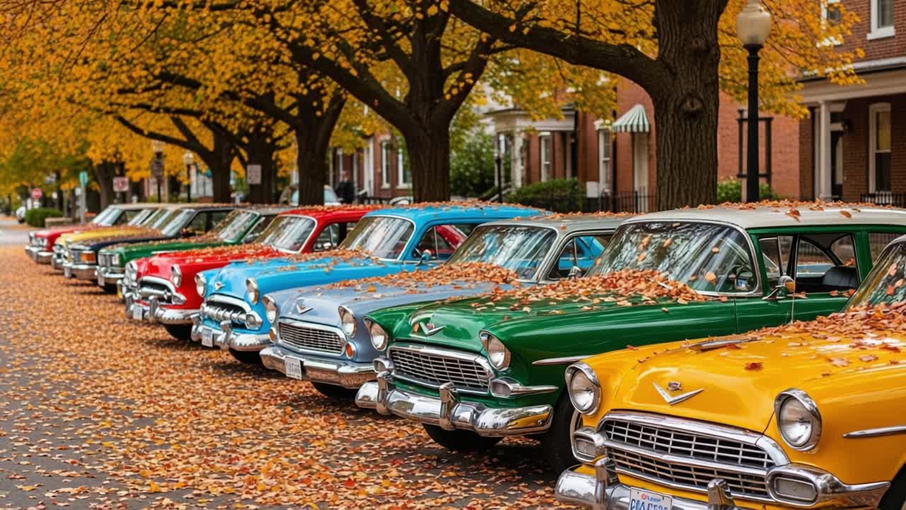 A Dazzling Display of Vintage Cars Amidst Autumn Leaves: Capturing the Essence of Nostalgia and Seasonal Beauty