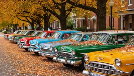 a dazzling display of vintage cars amidst autumn leaves: capturing the essence of nostalgia and seasonal beauty