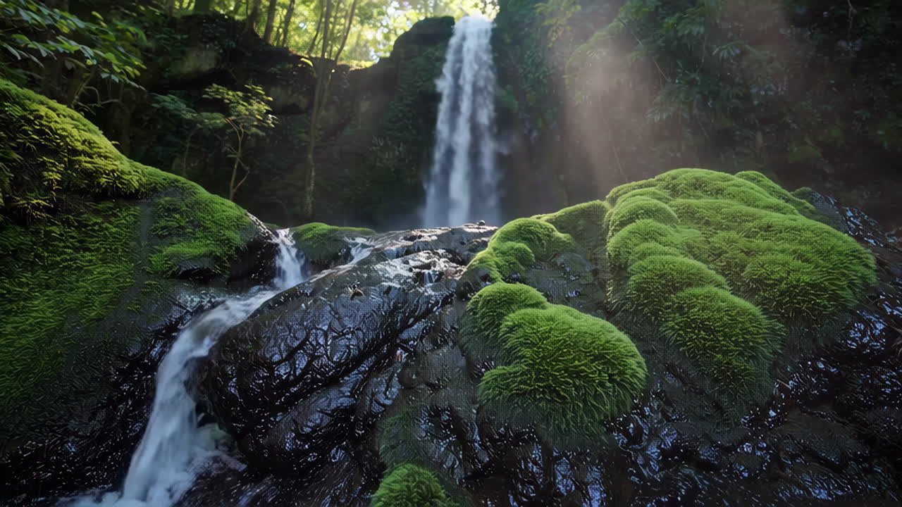 Sinar Matahari Menerangi Air Terjun Megah di Hutan Lebat