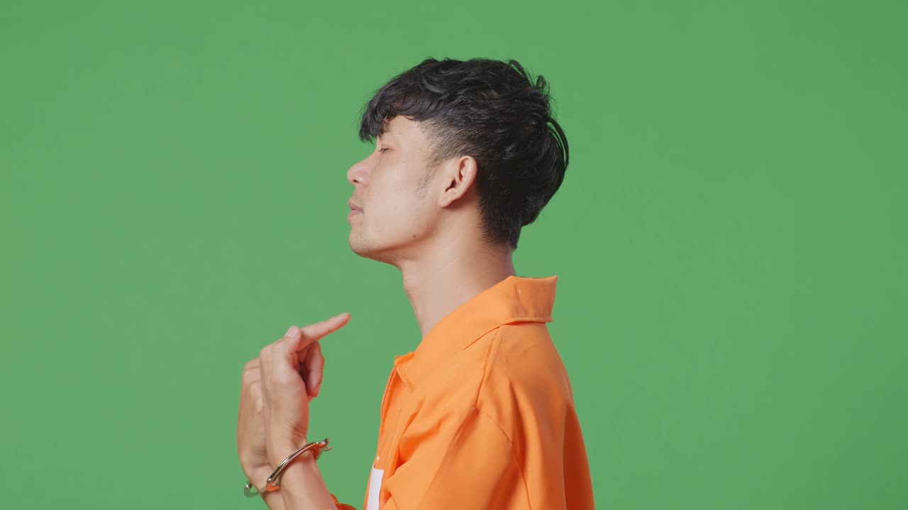 オレンジ色のジャンプスーツと手をかぶった男