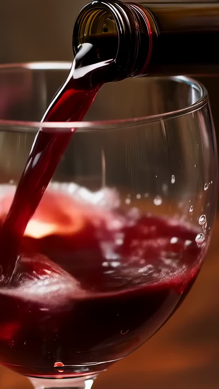 Video verticale: bottiglia inclinata che versa vino rosso in un bicchiere trasparente su un tavolo di legno per servire, con schiuma