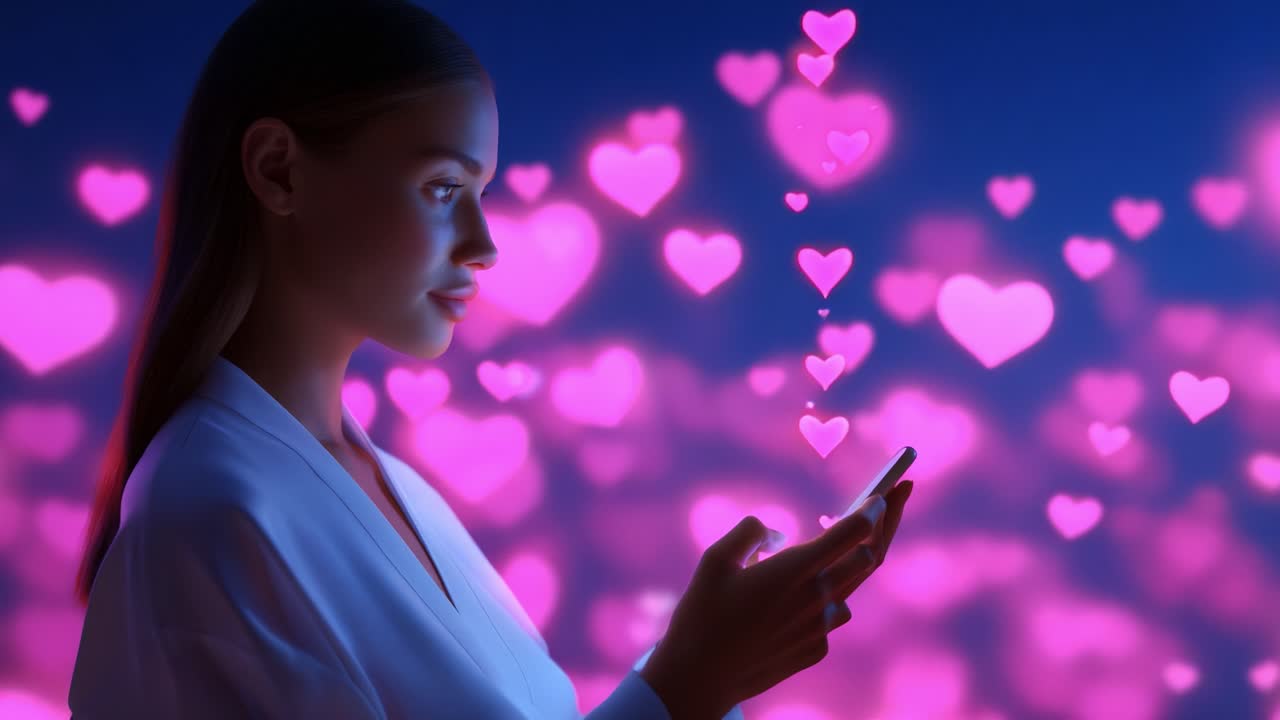 A captivating display of affection, featuring a woman engrossed in her smartphone amid a dreamy backdrop of floating hearts that create an enchanting atmosphere of love and connection