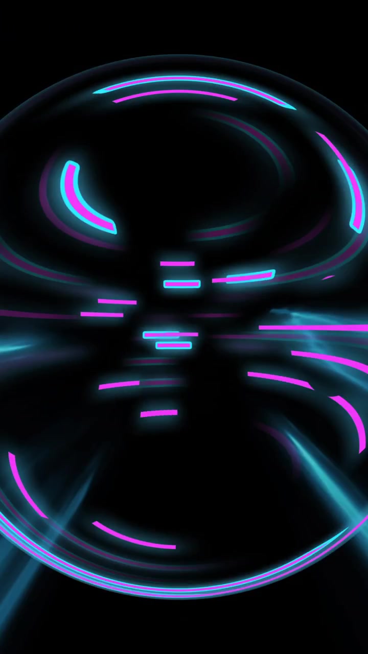 Animation of strobing blue and pink neon light beams over rotating neon on black background