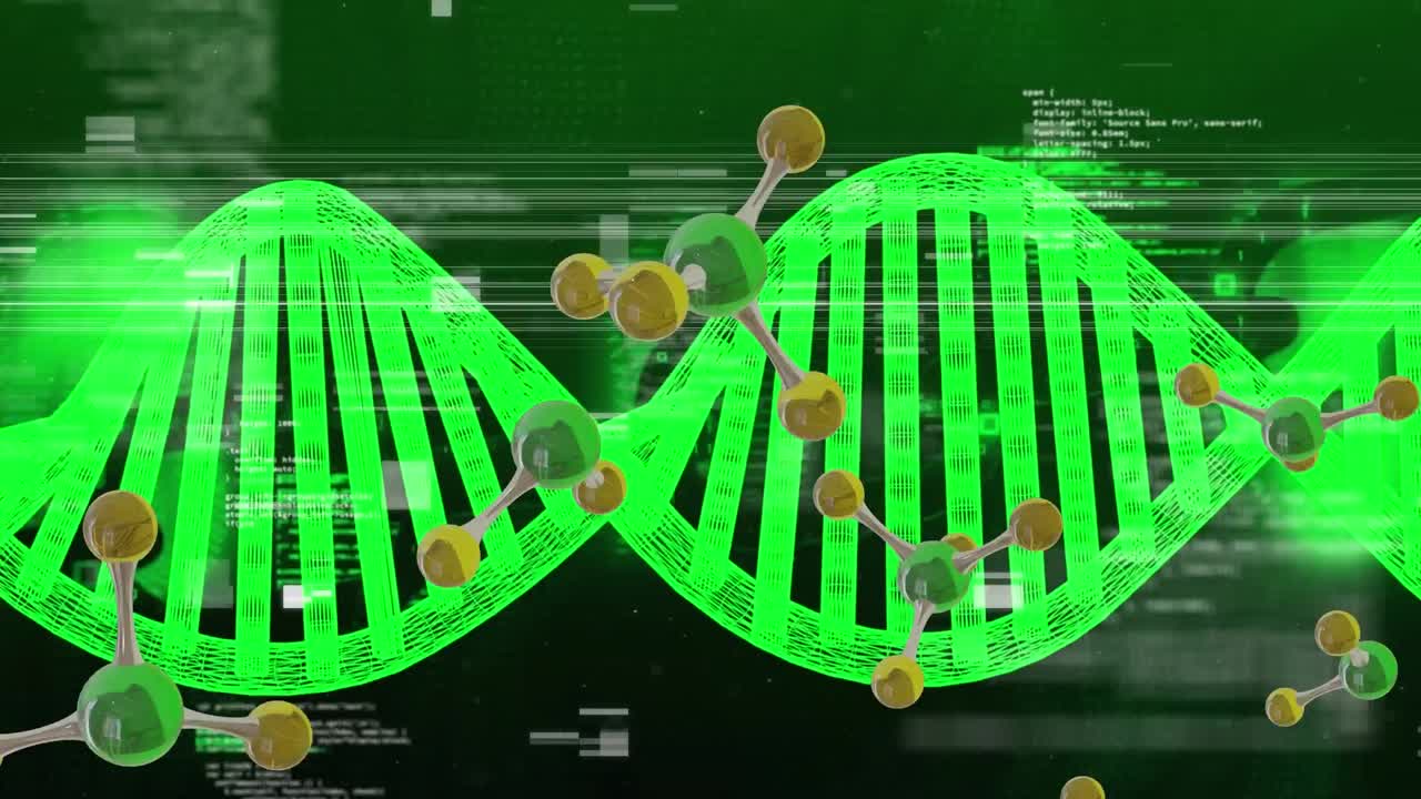 Animation of 3d micro of molecules and dna strand on black background