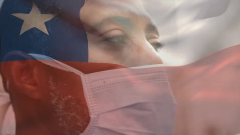 Animación-De-La-Bandera-De-Chile-Ondeando-Sobre-Un-Hombre-Con-Mascarilla-Durante-La-Pandemia-De-Covid-19