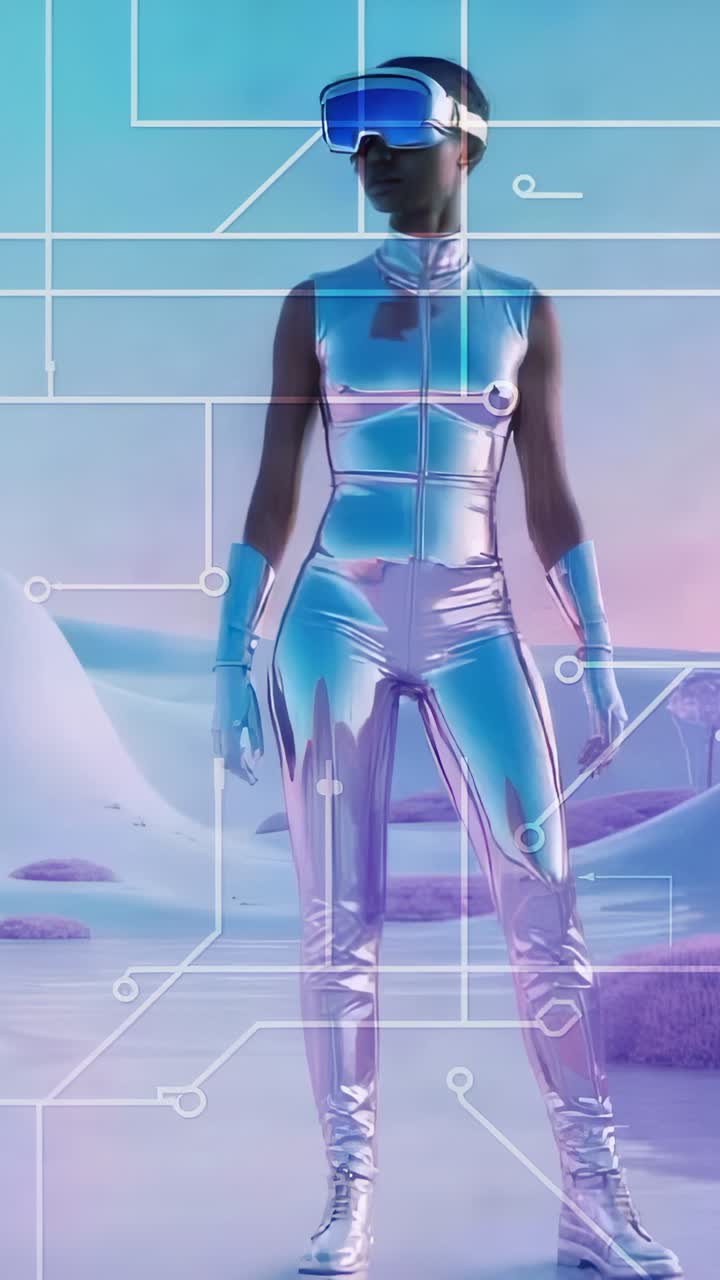 Vertical video: Overlay activating silver suit figure calibrating in pastel dunes with VR headset