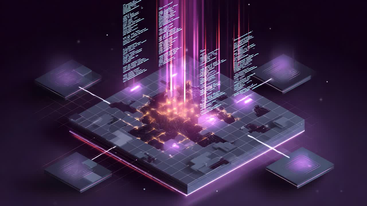 Dynamic Energy Burst on a Futuristic Grid: An Abstract Visualization of Data Flow, Highlighting Digital Transformation and High-Tech Innovation in Vibrant Colors
