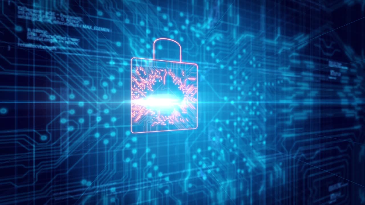 Animation of glowing orange security padlock over blue processor socket