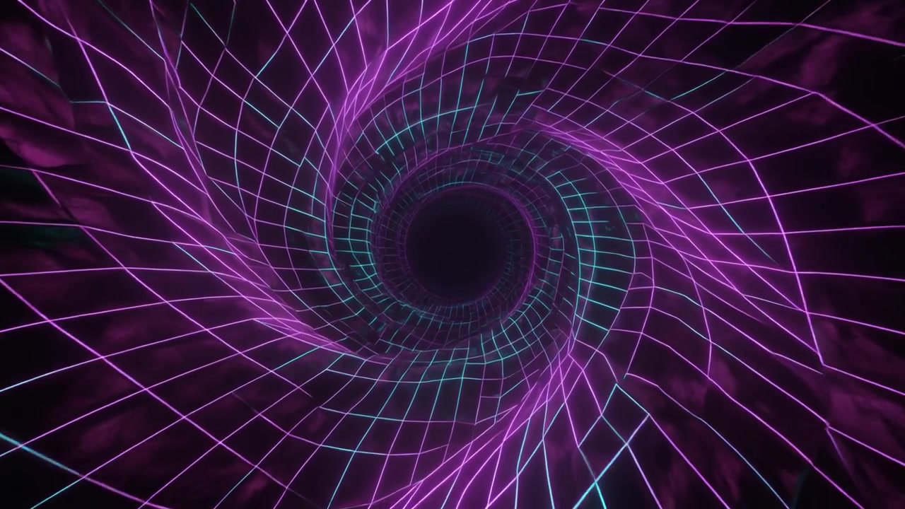 Abstract Neon Grid Tunnel with Rotating Purple and Blue Lights