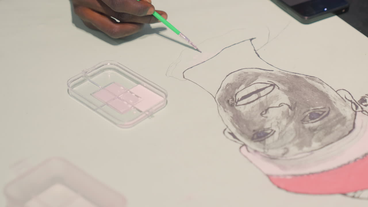 Black painting portrait with artist reference, overhead view showing phone reference, dotted outline and pink cap, green brush tool tapping palette, careful sketching by black artist hand, casual