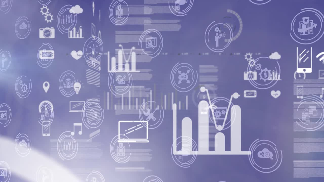 Animazione di icone digitali con elaborazione dati su sfondo viola