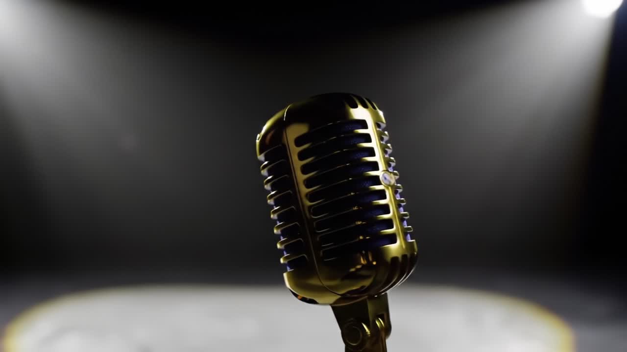 An Elegant Vintage Microphone Illuminated by Stage Lights, Perfectly Positioned in an Intimate Performance Space for Captivating Moments and Unforgettable Sounds