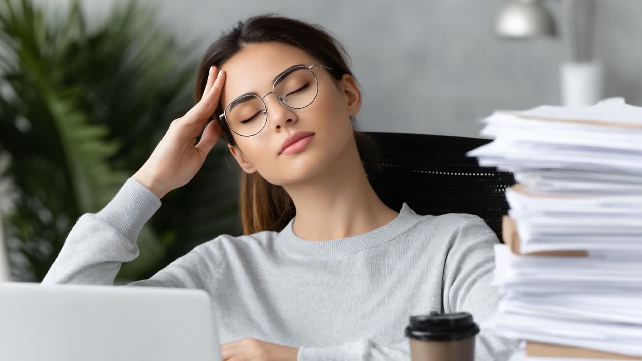 A Woman in Thoughtful Contemplation Amidst a Mountain of Paperwork, Reflecting Stress and Focus in a Cozy Workspace