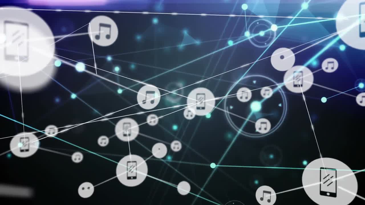 animación de la red de conexiones con iconos sobre fondo azul