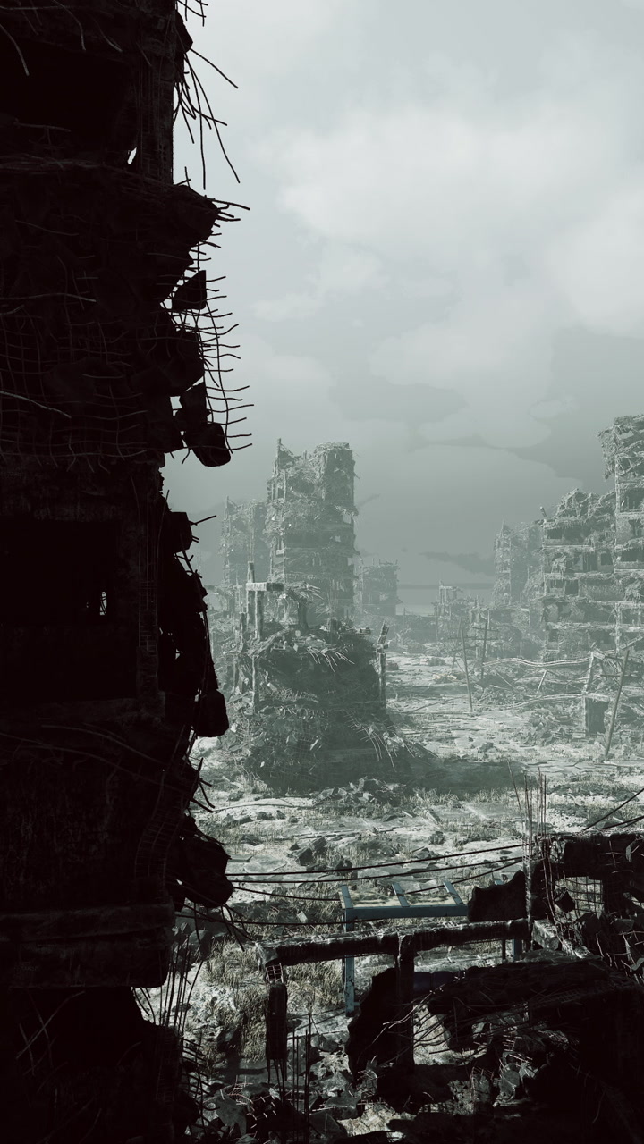 Desolate pathway surrounded by decayed structures and distant remains