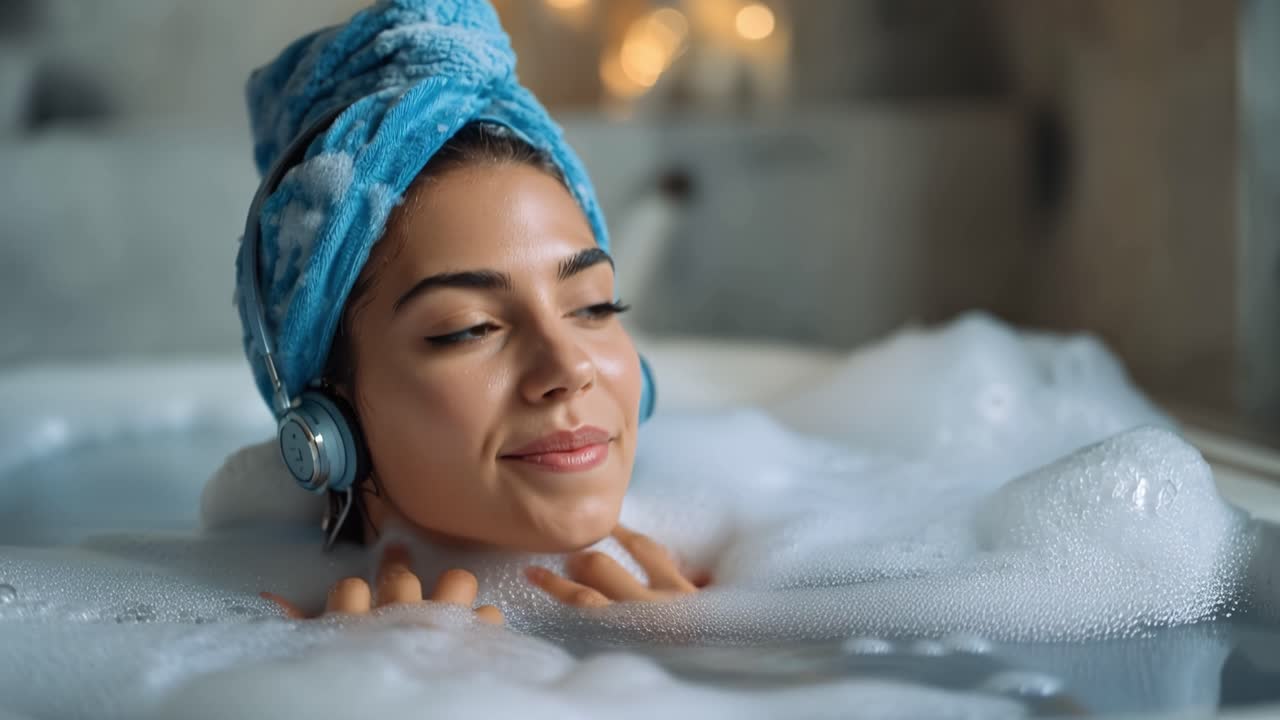 Giovane donna si rilassa in un bagno di schiuma con le cuffie.