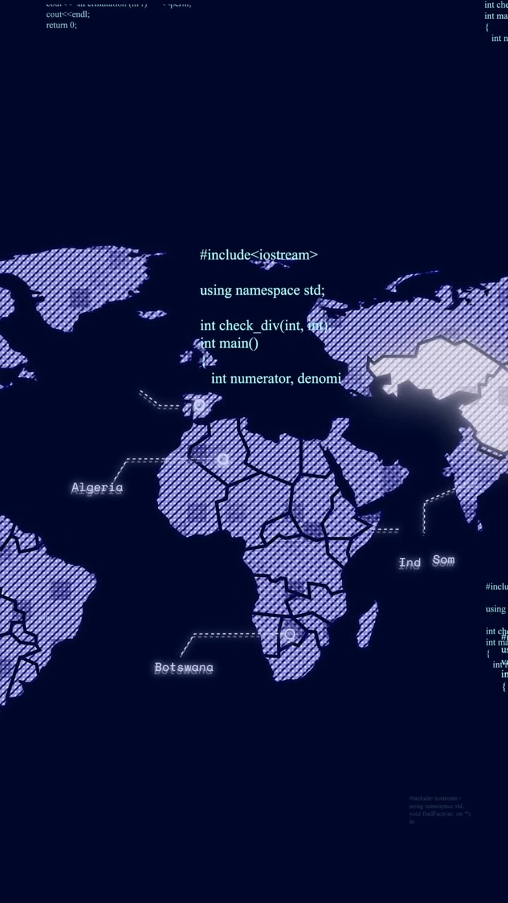 Animation of data processing over world map on dark background