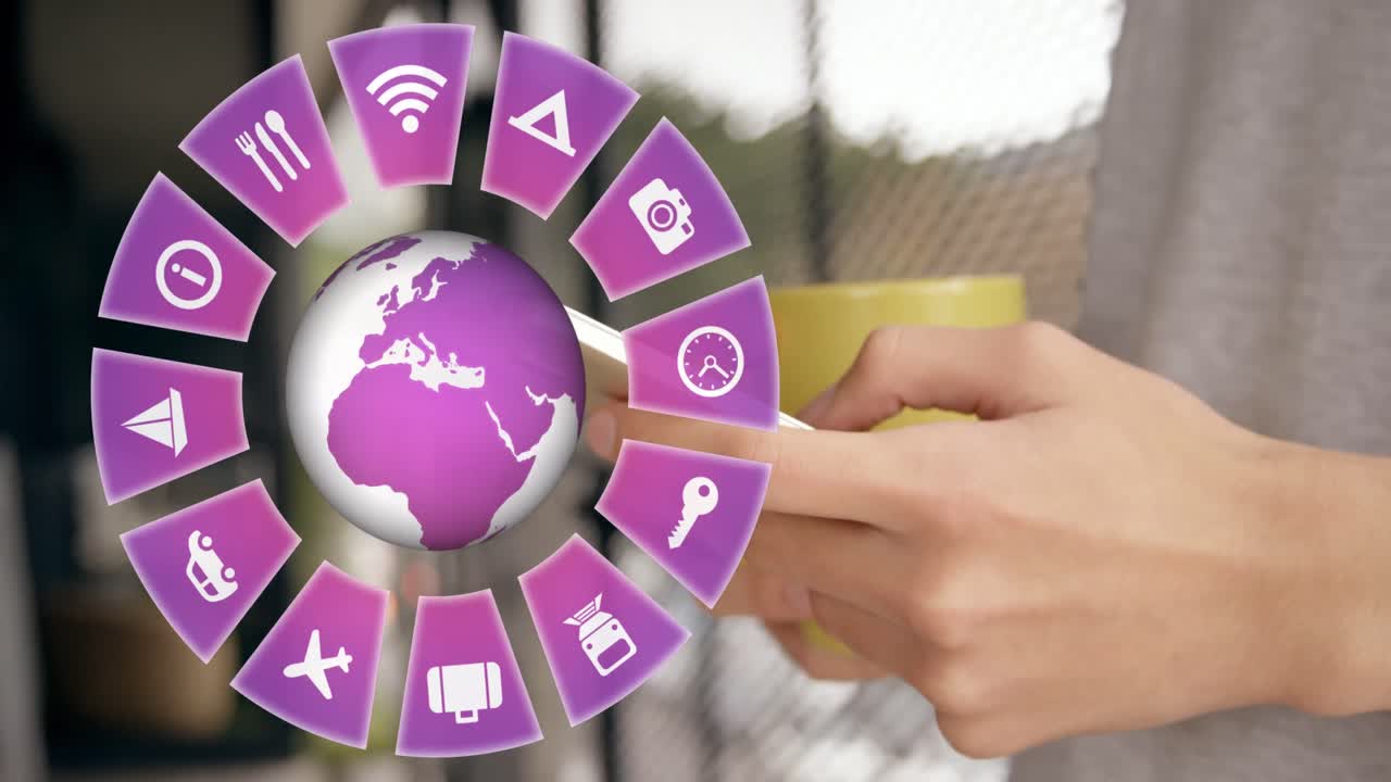 animación de iconos de viajes con globo terrestre y hombre caucásico usando teléfono inteligente en el fondo