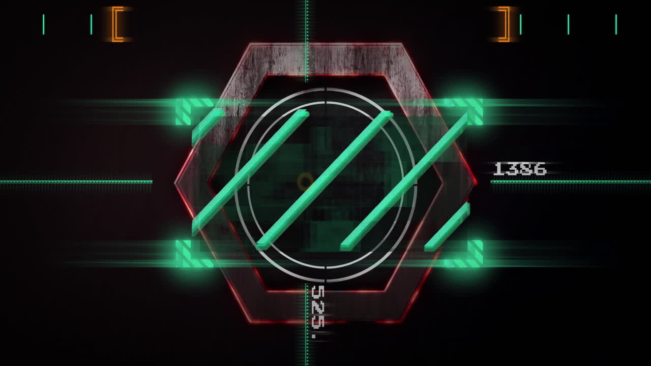Glowing green and red geometric animation elements in futuristic targeting interface