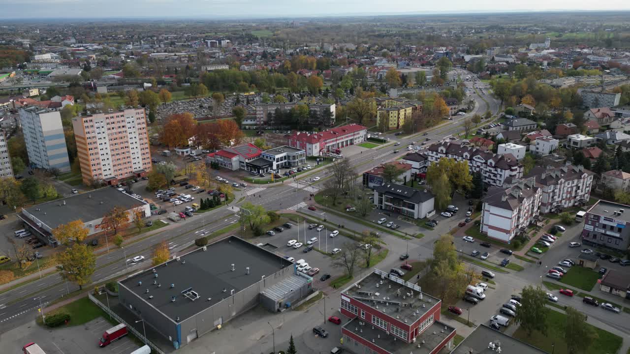 Dynamic hyperlapse showcasing the daily life and traffic flow on the streets of Mielec, Poland.