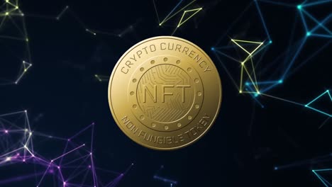 Animation-of-nft-text-on-golden-coin-and-network-of-connections-over-dark-background