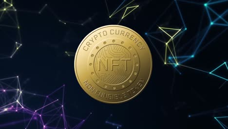 animación del texto nft en moneda de oro y red de conexiones sobre fondo oscuro