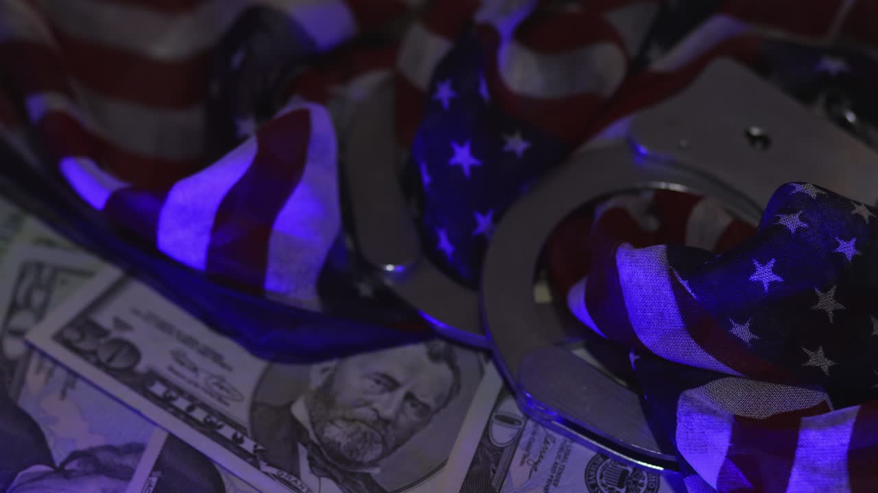 la violación de la ley en la esfera financiera, la corrupción con la luz intermitente policía de esposas billetes de dólares estadounidenses