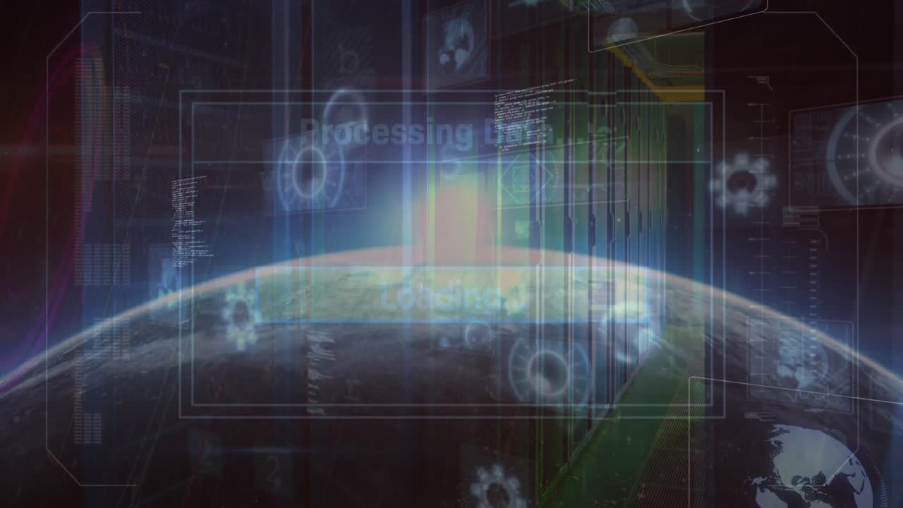 animación del escaneo del alcance y el procesamiento de datos sobre la sala del servidor