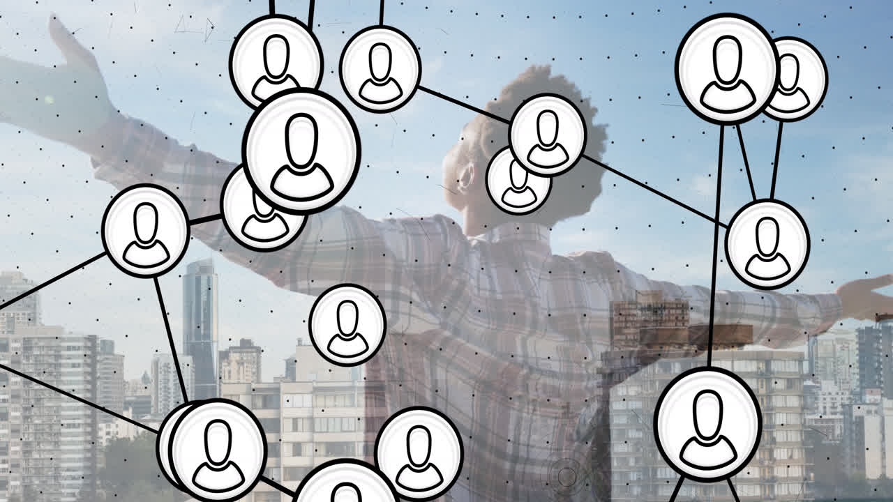 animación de iconos conectados sobre puntos, ciudad, hombre afroamericano abriendo los brazos y disfrutando del viento