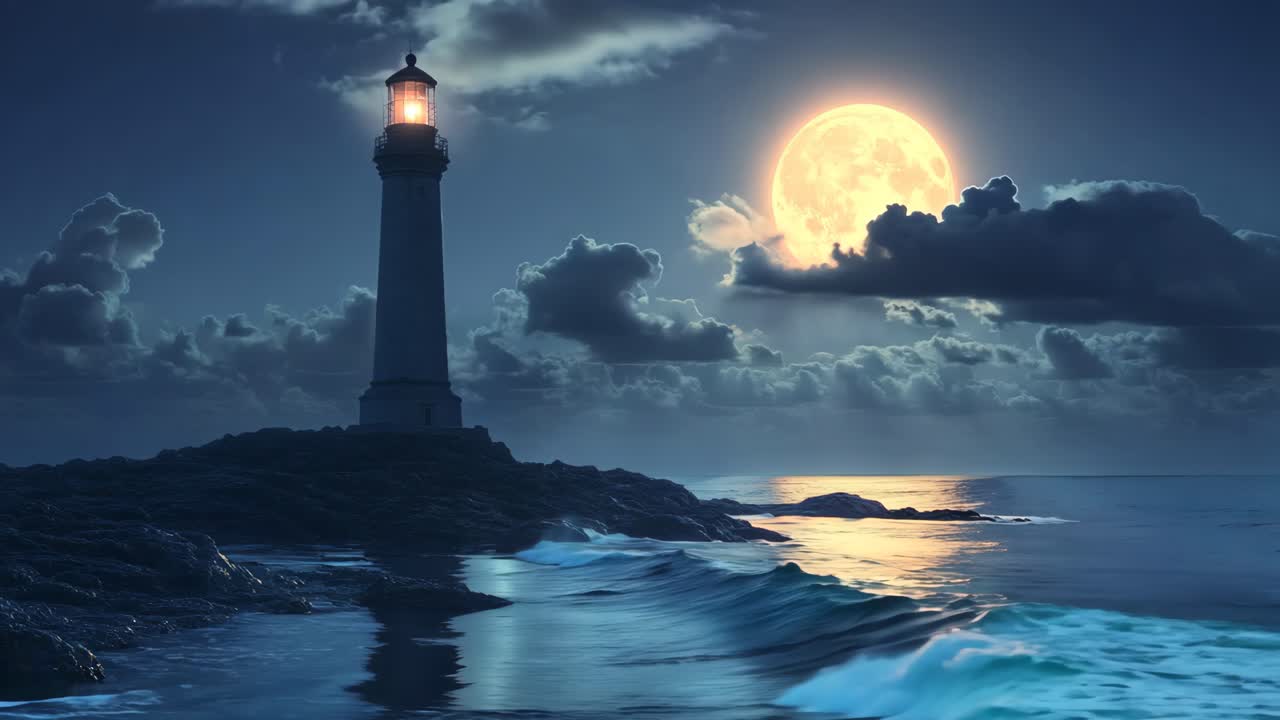 A lighthouse is on a rocky shoreline with a large full moon in the sky. The scene is serene and peaceful, with the lighthouse standing out as a beacon of light in the darkness