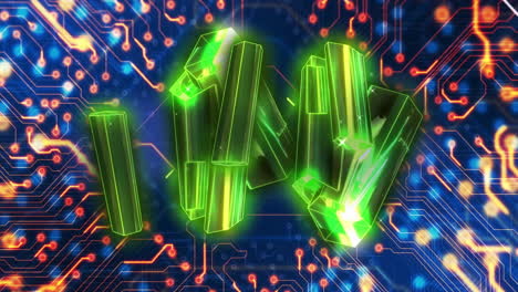 glowing green crystals animating over electronic circuit board background