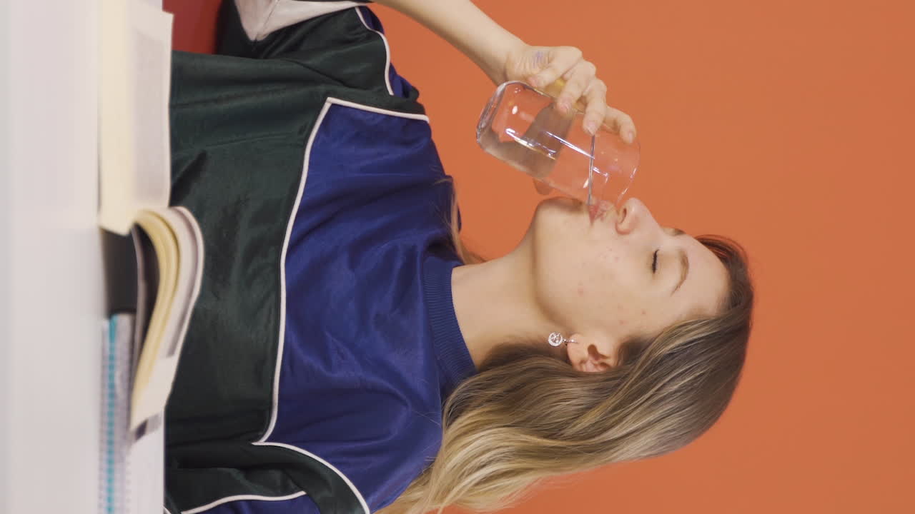 el video vertical de la joven está bebiendo agua.